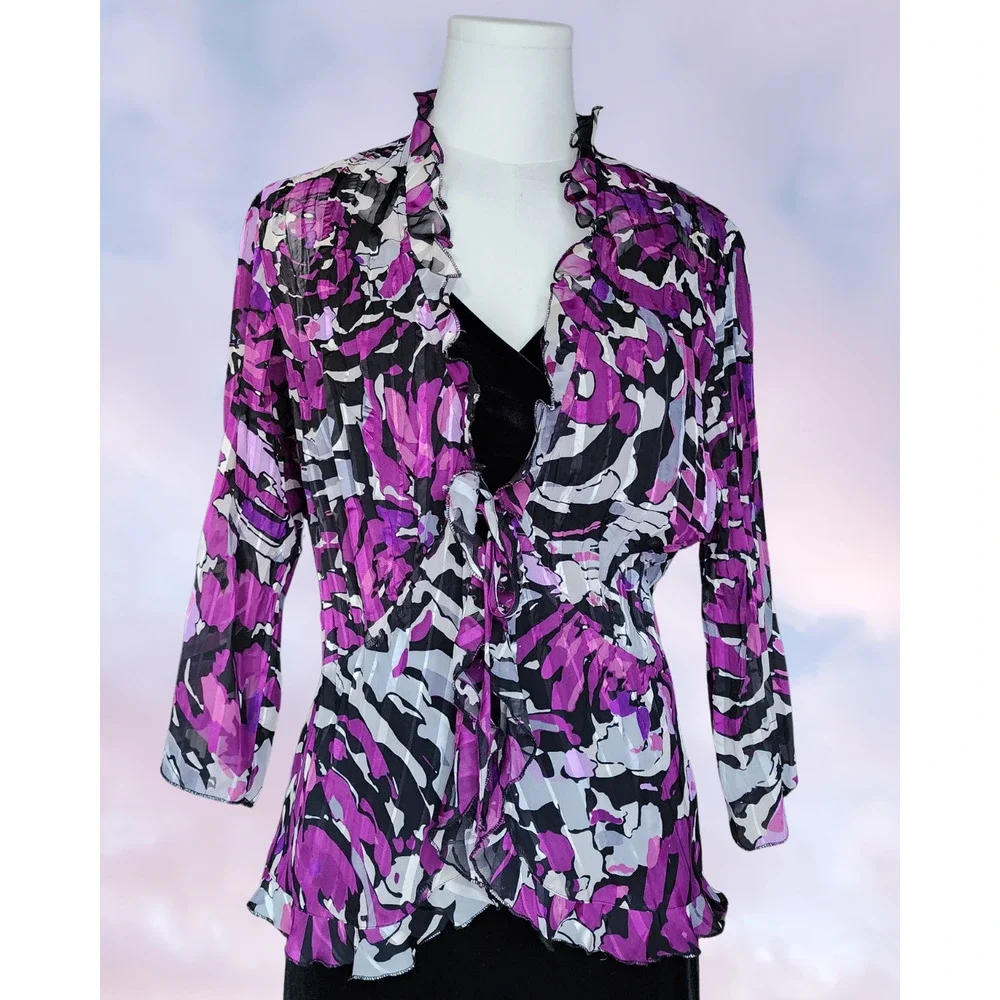 Y2k Studio 1940 Purple White Frilly Mesh Funky Tie Front Blouse Top Sz Small